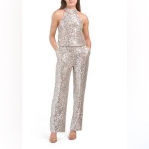 Cable and gauge silver halter neck sequin jumpsuit - with pockets!